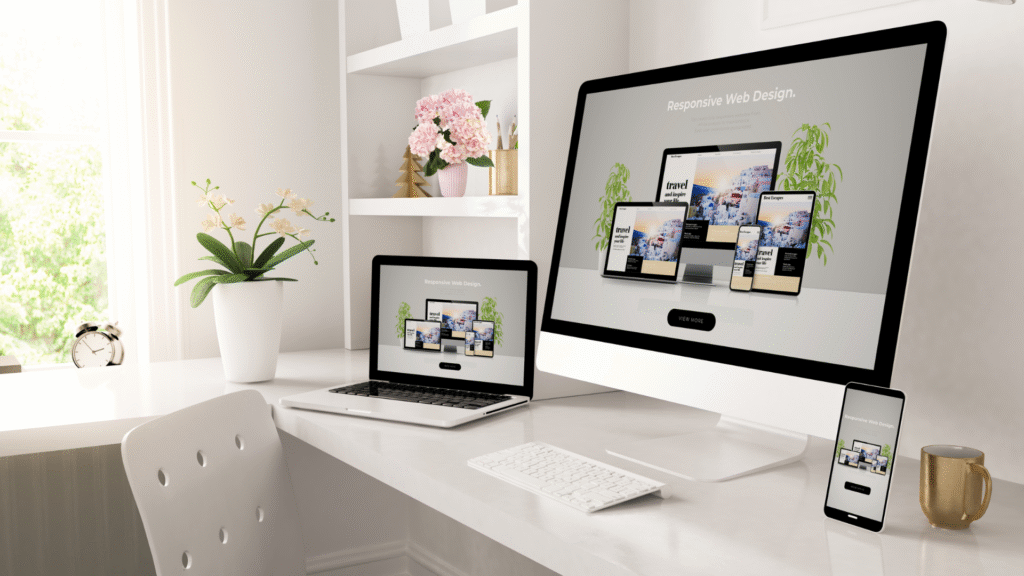 Desk with computer demonstrating responsive web design