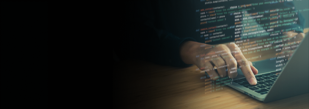 Close-up of a professional typing on a laptop with floating lines of Python code overlayed, symbolizing agile IT support, software development, and fractional tech services. Set on a sleek wooden desk with moody lighting, this image conveys hands-on expertise in cloud solutions, cybersecurity, and responsive web design—ideal for Skye Crest Technology’s modern IT consulting brand.