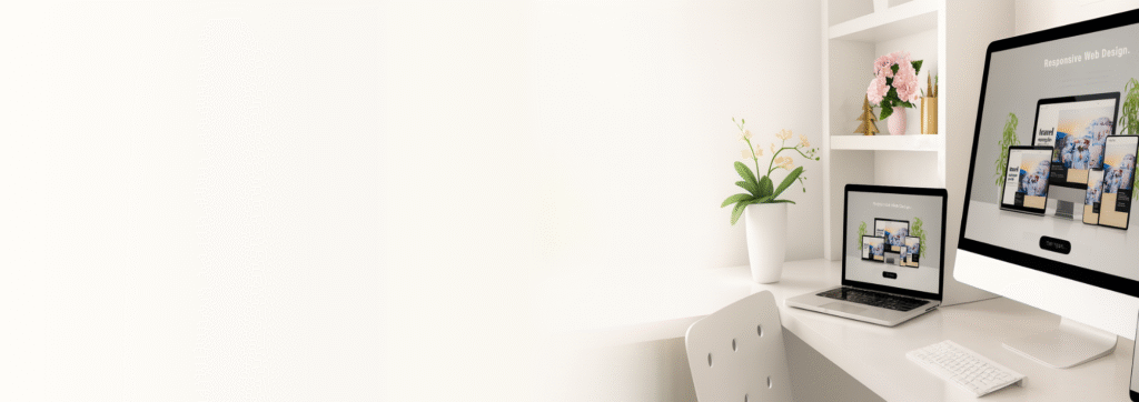 Modern workspace with laptop and desktop monitor displaying 'Responsive Web Design' across multiple devices, symbolizing digital marketing, social media strategy, and cross-platform branding. Surrounded by clean decor, flowers, and tech tools, this image reflects Skye Crest Technology’s creative approach to content creation, audience engagement, and mobile-optimized web experiences.